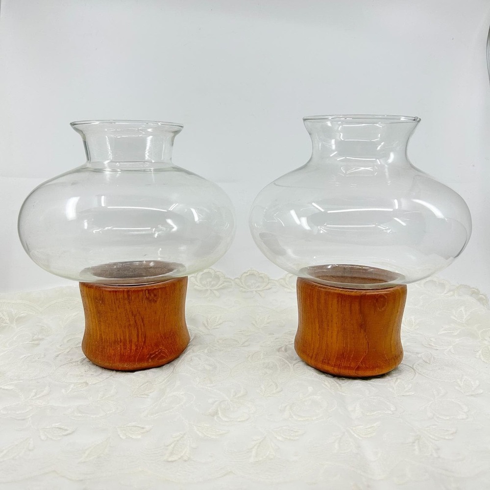 Vintage Hurricane Candle Holders Dolphin Teakwood Mid Century Modern Pair Glass